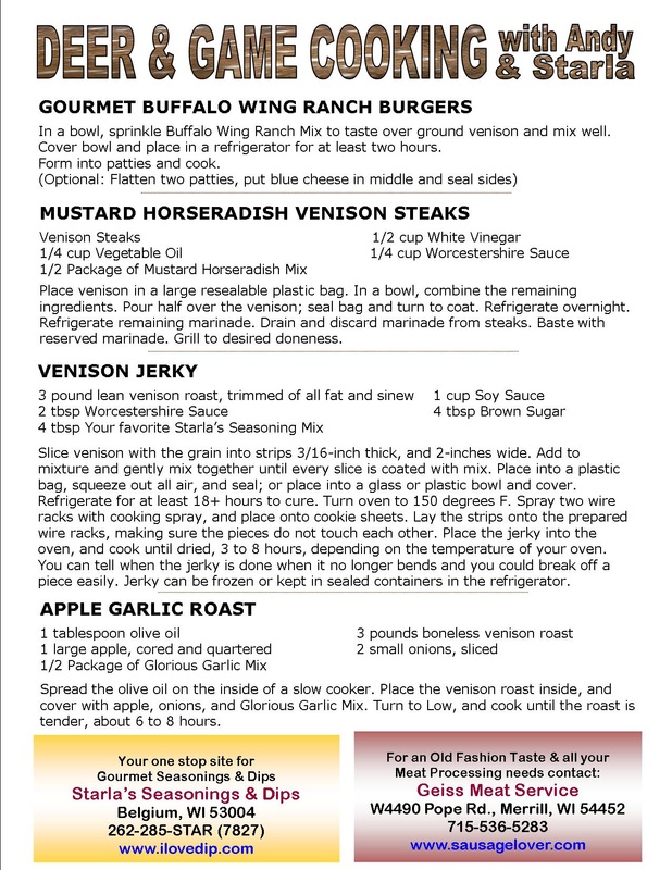 Veison recipes, buffalo wing ranch burgers, Mustard Horseradsih steaks, beef jerky, apple garlic roast